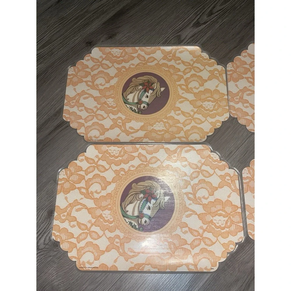 Vintage Reversible Set Of 4 Placemats W/ Carousel Horse Vinyl Made In‎ The USA